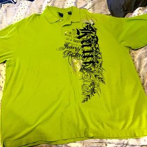 Mens Polo shirt- some wear showing on back shoulder and and below the graphic